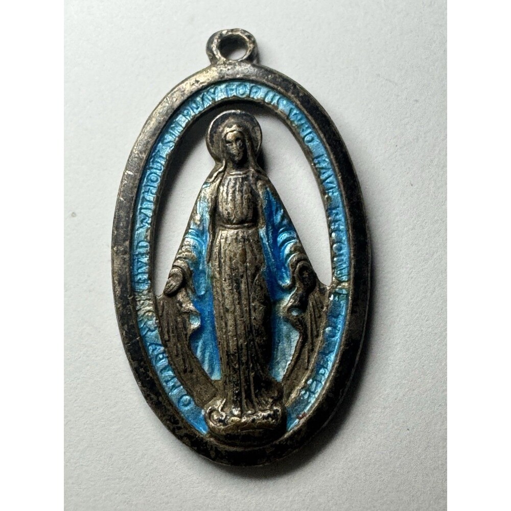Vintage Italy Miraculous Medal Virgin Mary Blue Enamel Catholic Pendant 1.16”